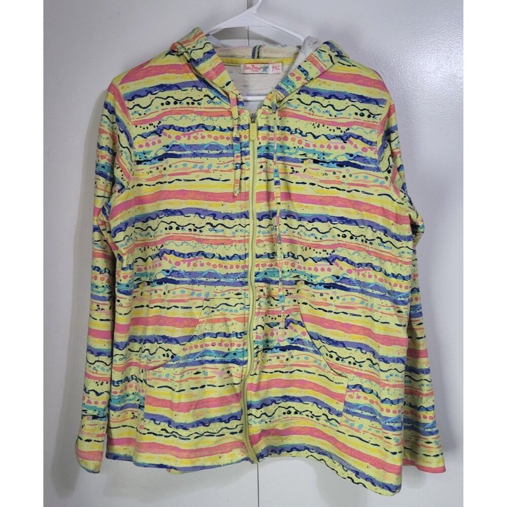 SUN BAY Petite Women's PXL Full Zip Hooded Jacket Colorful Neon Beach VTG - Picture 1 of 6